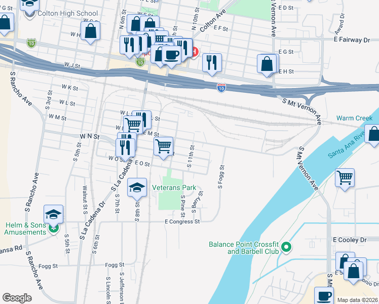 map of restaurants, bars, coffee shops, grocery stores, and more near 383 East N Street in Colton