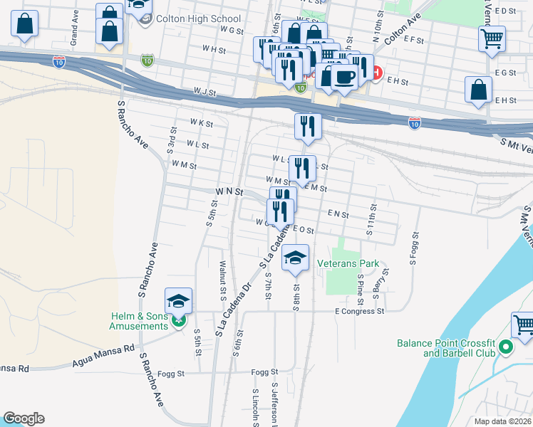 map of restaurants, bars, coffee shops, grocery stores, and more near 171 West O Street in Colton