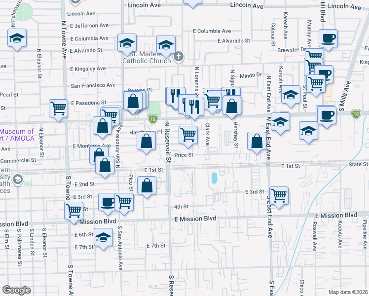 map of restaurants, bars, coffee shops, grocery stores, and more near 927 Price Street in Pomona