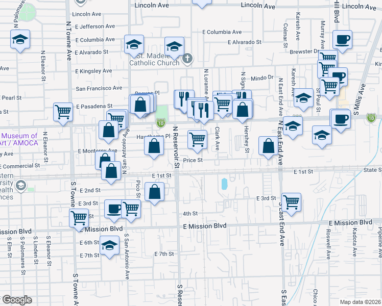 map of restaurants, bars, coffee shops, grocery stores, and more near 927 Price Street in Pomona