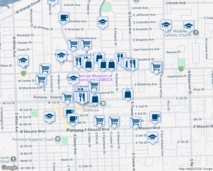 map of restaurants, bars, coffee shops, grocery stores, and more near 318 East Monterey Avenue in Pomona