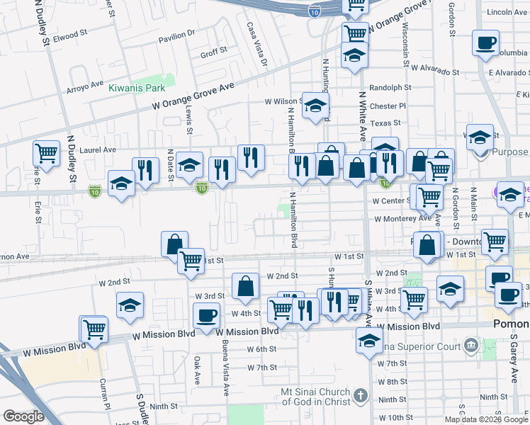 map of restaurants, bars, coffee shops, grocery stores, and more near 867 West Monterey Avenue in Pomona