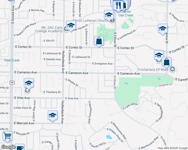 map of restaurants, bars, coffee shops, grocery stores, and more near 814 South Montezuma Way in West Covina