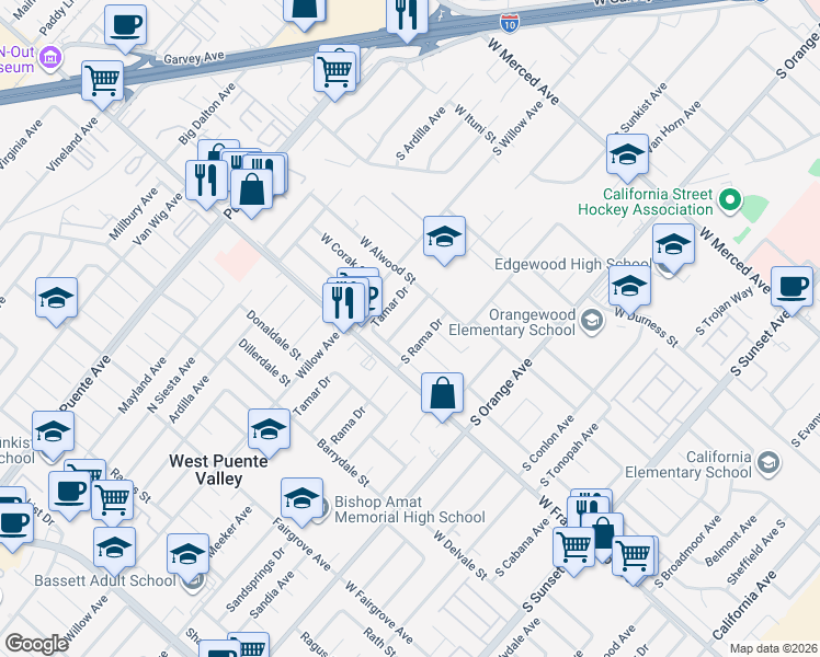 map of restaurants, bars, coffee shops, grocery stores, and more near 1646 South Meeker Avenue in West Covina