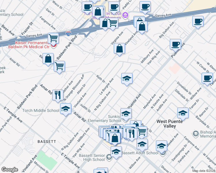 map of restaurants, bars, coffee shops, grocery stores, and more near 1048 Le Borgne Avenue in La Puente