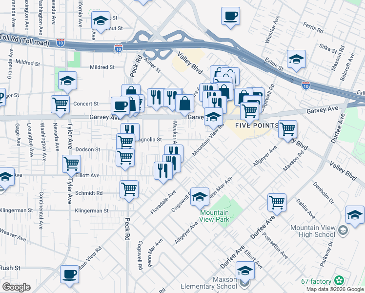 map of restaurants, bars, coffee shops, grocery stores, and more near 2724 Meeker Avenue in El Monte