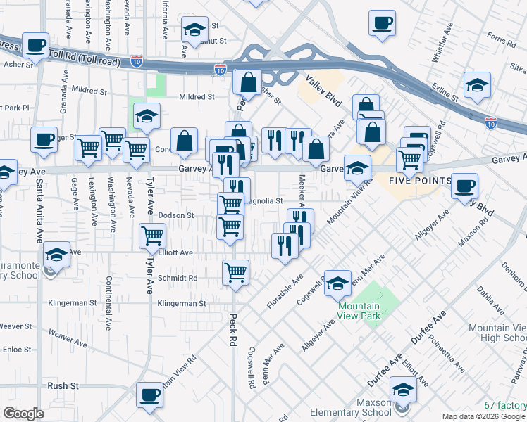 map of restaurants, bars, coffee shops, grocery stores, and more near 11403 Dodson Street in El Monte