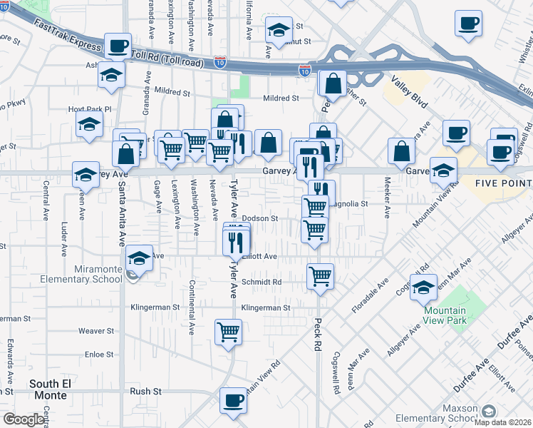 map of restaurants, bars, coffee shops, grocery stores, and more near 11116 Dodson Street in El Monte
