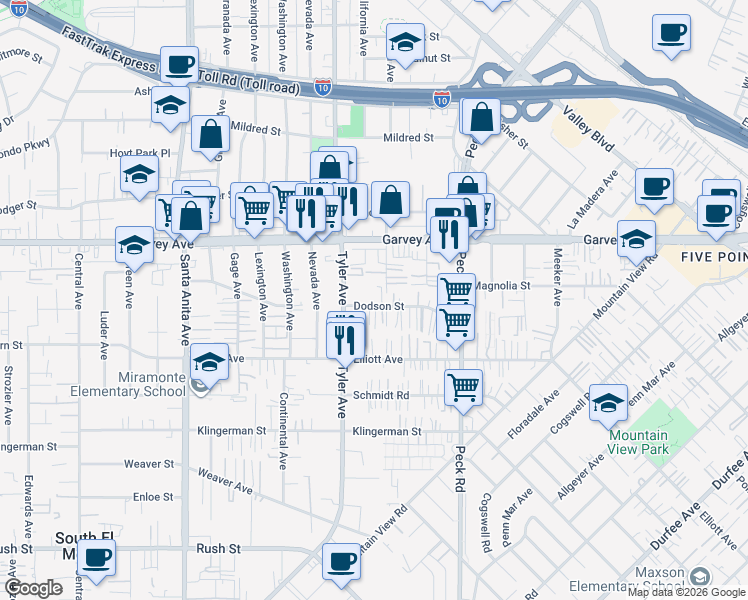 map of restaurants, bars, coffee shops, grocery stores, and more near 11010 Dodson Street in South El Monte