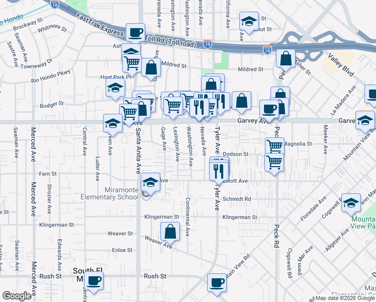 map of restaurants, bars, coffee shops, grocery stores, and more near 2701 Washington Avenue in El Monte