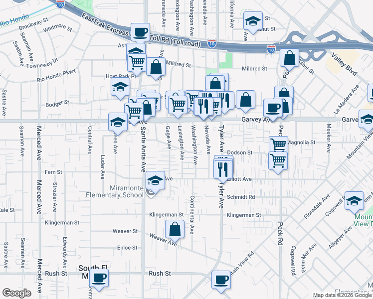map of restaurants, bars, coffee shops, grocery stores, and more near 2701 Washington Avenue in El Monte