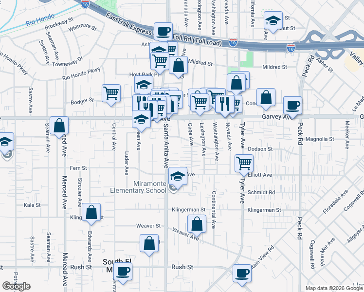 map of restaurants, bars, coffee shops, grocery stores, and more near 2657 Gage Avenue in South El Monte