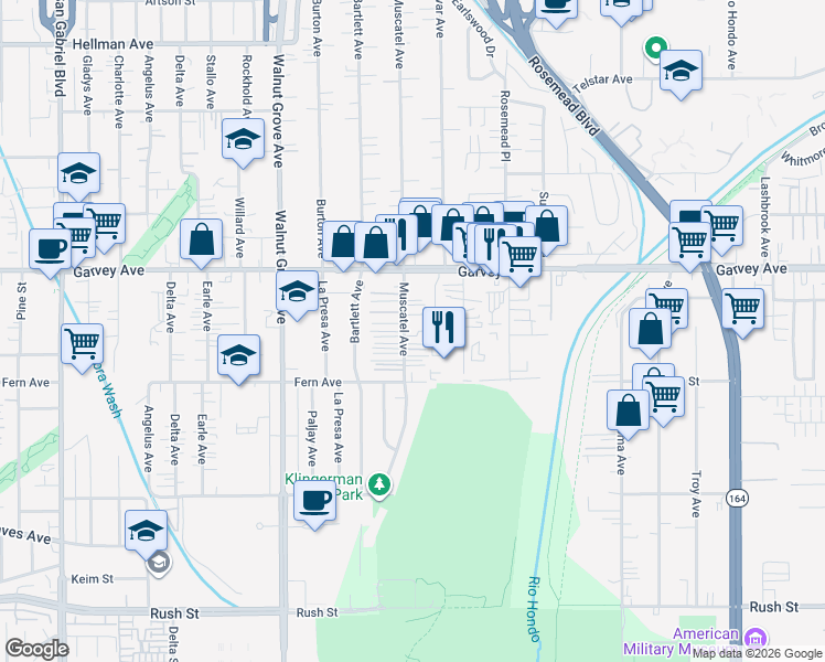 map of restaurants, bars, coffee shops, grocery stores, and more near 2646 Muscatel Avenue in Rosemead