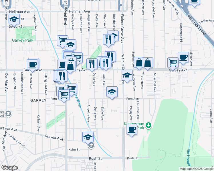 map of restaurants, bars, coffee shops, grocery stores, and more near 2652 Earle Avenue in Rosemead