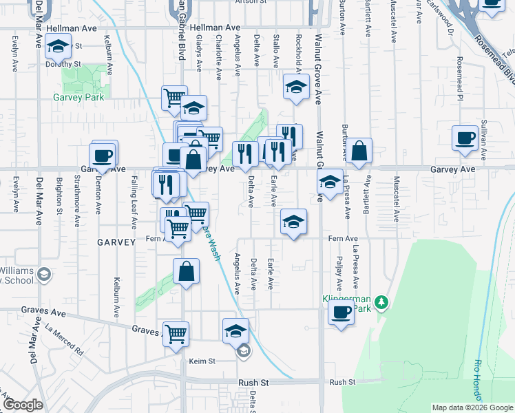 map of restaurants, bars, coffee shops, grocery stores, and more near 2656 Delta Avenue in Rosemead