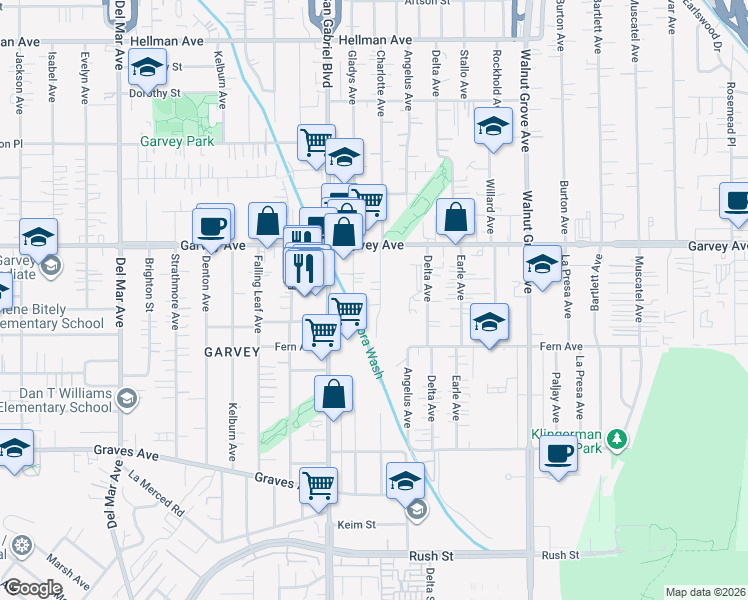 map of restaurants, bars, coffee shops, grocery stores, and more near 2700 Gladys Avenue in Rosemead