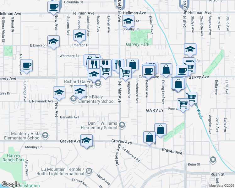 map of restaurants, bars, coffee shops, grocery stores, and more near 2636 Del Mar Avenue in Rosemead