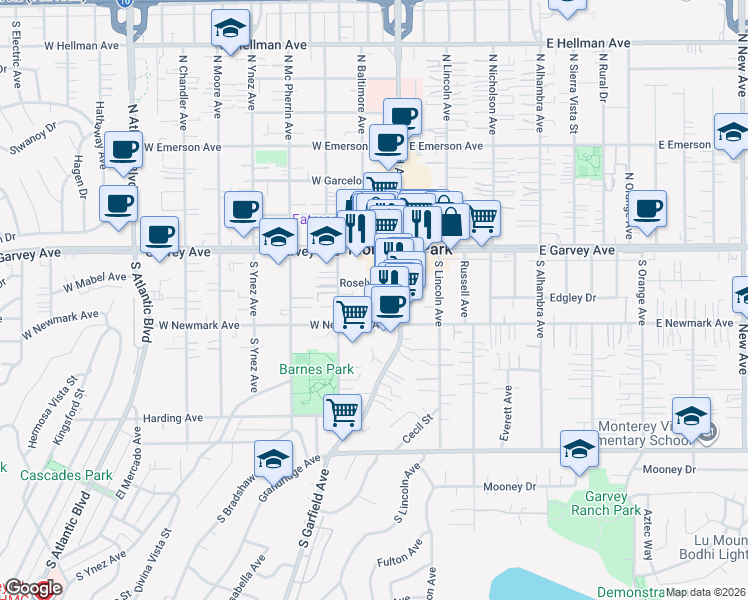 map of restaurants, bars, coffee shops, grocery stores, and more near in Monterey Park