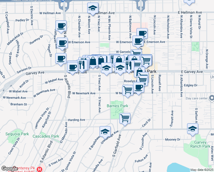 map of restaurants, bars, coffee shops, grocery stores, and more near 225 South Mc Pherrin Avenue in Monterey Park