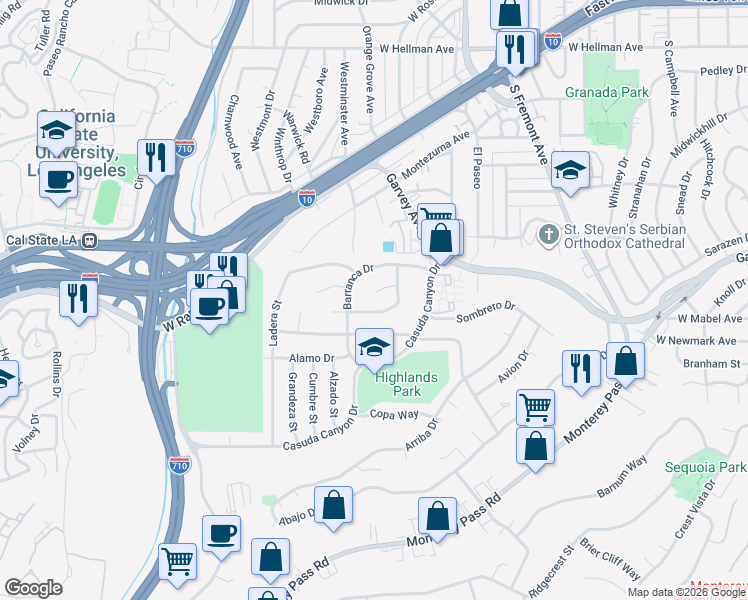map of restaurants, bars, coffee shops, grocery stores, and more near 1943 Cerco Alta Drive in Monterey Park