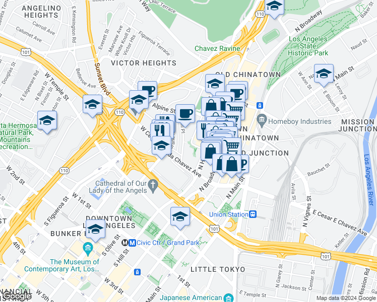 map of restaurants, bars, coffee shops, grocery stores, and more near 636 North Hill Place in Los Angeles