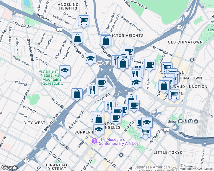 map of restaurants, bars, coffee shops, grocery stores, and more near 427 North Figueroa Street in Los Angeles