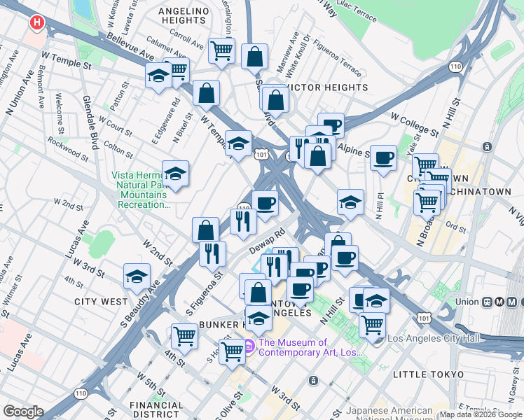 map of restaurants, bars, coffee shops, grocery stores, and more near in Los Angeles