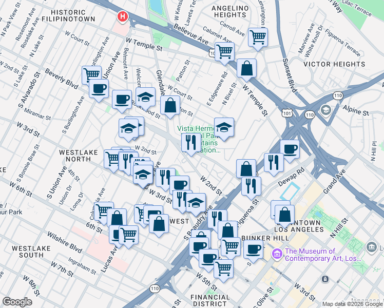 map of restaurants, bars, coffee shops, grocery stores, and more near 1238 West 1st Street in Los Angeles