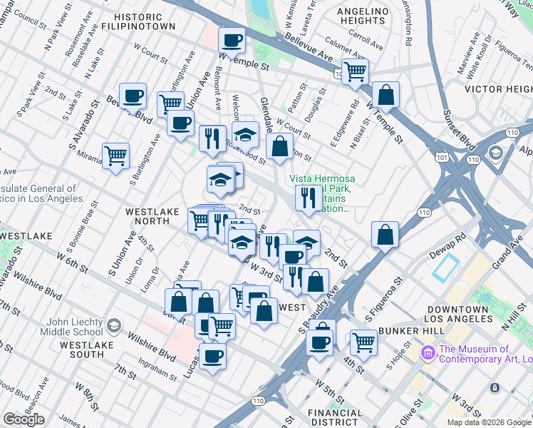 map of restaurants, bars, coffee shops, grocery stores, and more near 202 Lucas Avenue in Los Angeles