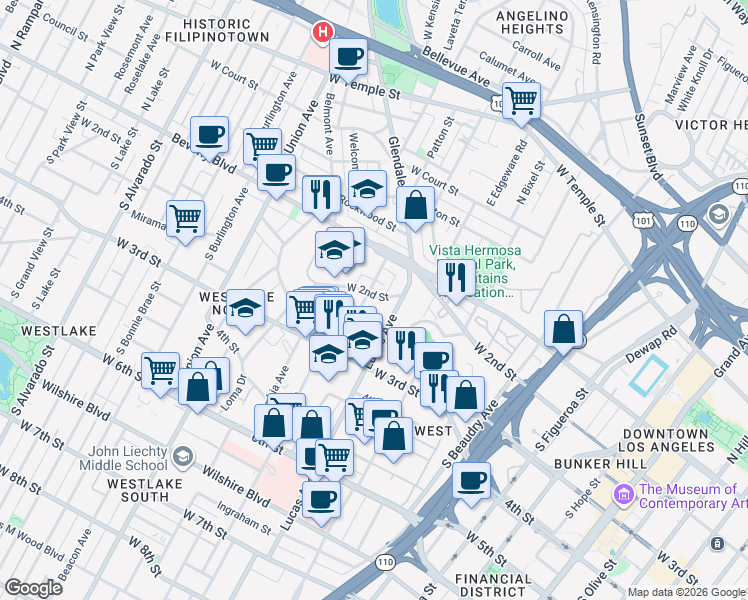 map of restaurants, bars, coffee shops, grocery stores, and more near 208 Witmer Street in Los Angeles