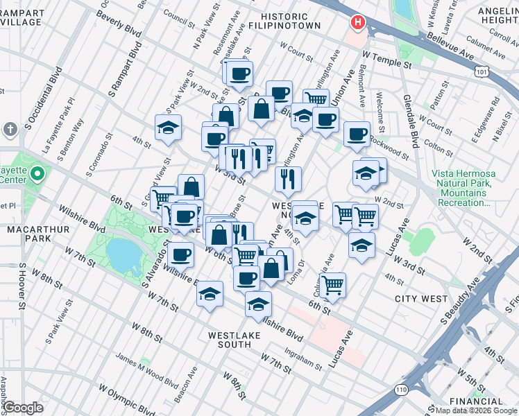 map of restaurants, bars, coffee shops, grocery stores, and more near 326 South Burlington Avenue in Los Angeles