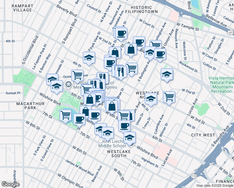 map of restaurants, bars, coffee shops, grocery stores, and more near 372 South Westlake Avenue in Los Angeles