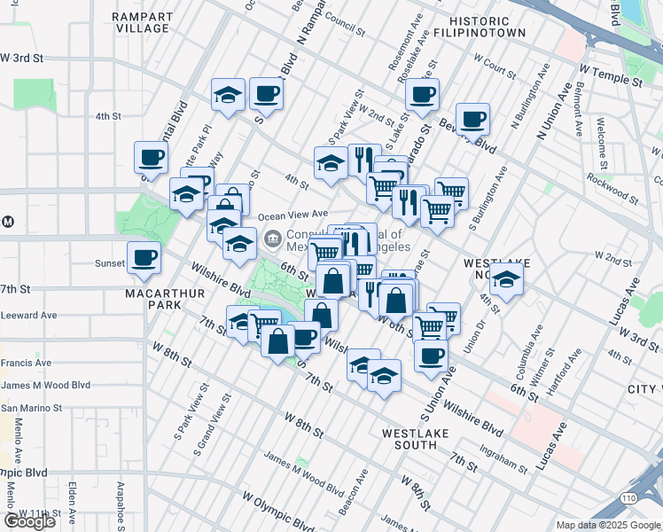 map of restaurants, bars, coffee shops, grocery stores, and more near 521 South Alvarado Street in Los Angeles