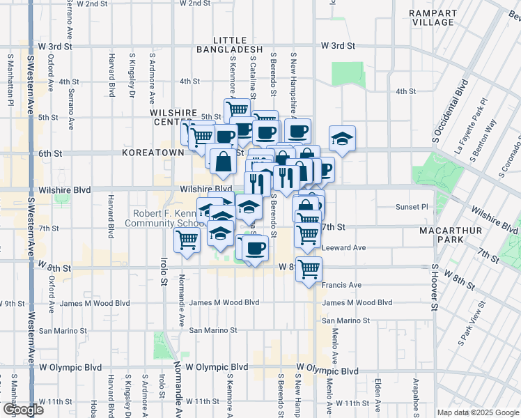 map of restaurants, bars, coffee shops, grocery stores, and more near 689s South Berendo Street in Los Angeles