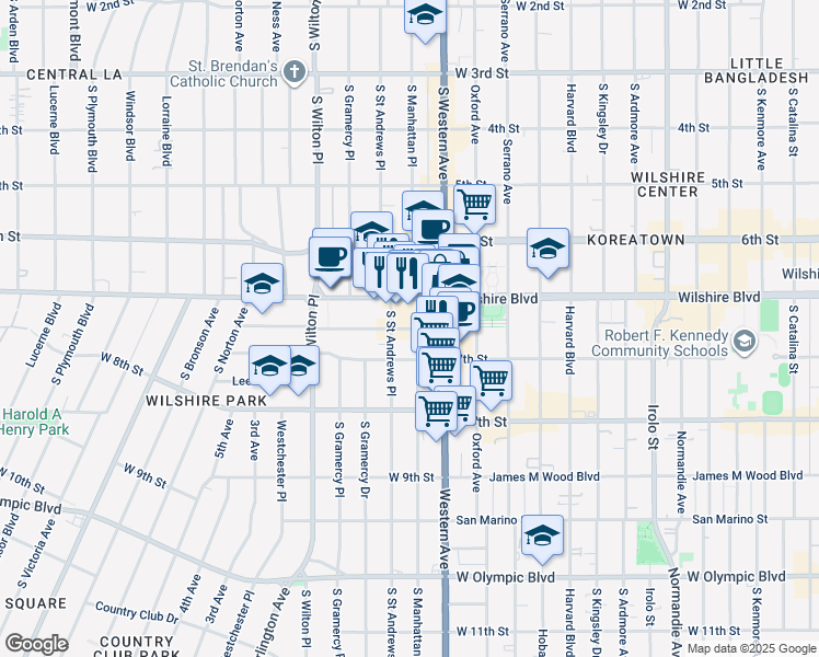 map of restaurants, bars, coffee shops, grocery stores, and more near 2 South Saint Andrews Place in Los Angeles