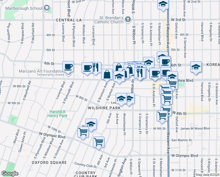 map of restaurants, bars, coffee shops, grocery stores, and more near 680 South Norton Avenue in Los Angeles
