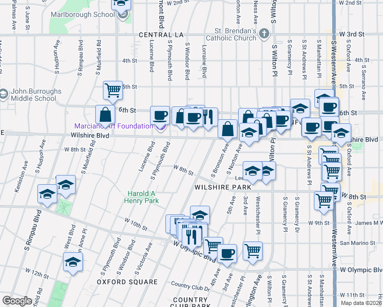 map of restaurants, bars, coffee shops, grocery stores, and more near 715 Lorraine Boulevard in Los Angeles
