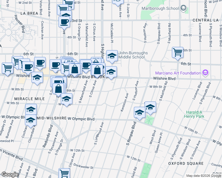 map of restaurants, bars, coffee shops, grocery stores, and more near 5015 West 8th Street in Los Angeles