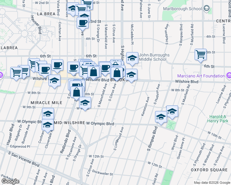 map of restaurants, bars, coffee shops, grocery stores, and more near 754 South Citrus Avenue in Los Angeles