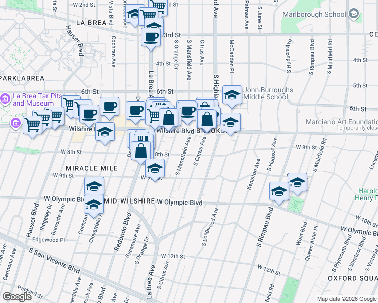 map of restaurants, bars, coffee shops, grocery stores, and more near 750 South Mansfield Avenue in Los Angeles