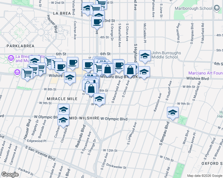 map of restaurants, bars, coffee shops, grocery stores, and more near 757 South Orange Drive in Los Angeles
