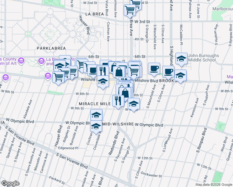 map of restaurants, bars, coffee shops, grocery stores, and more near in Los Angeles