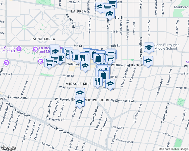 map of restaurants, bars, coffee shops, grocery stores, and more near 803 South Cloverdale Avenue in Los Angeles