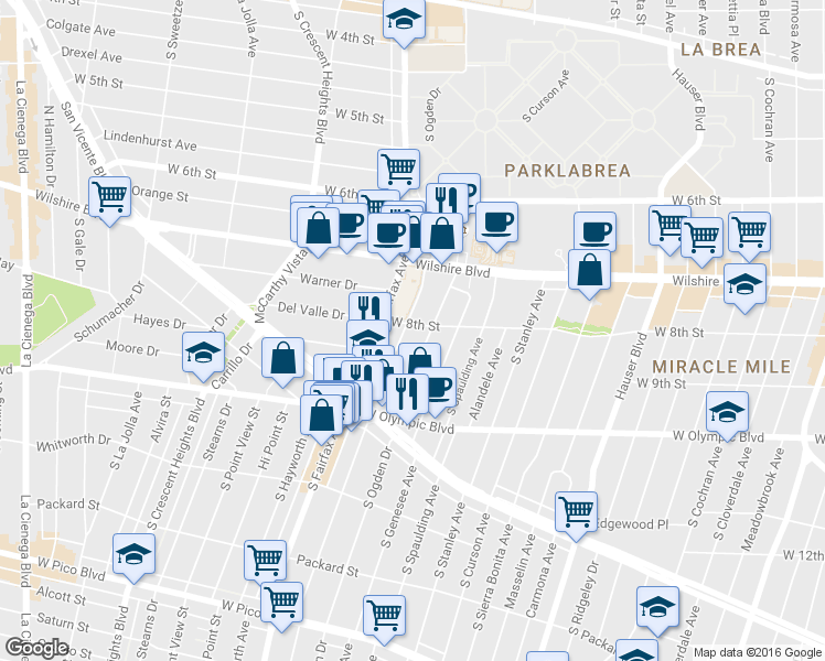 map of restaurants, bars, coffee shops, grocery stores, and more near 810 South Ogden Drive in Los Angeles