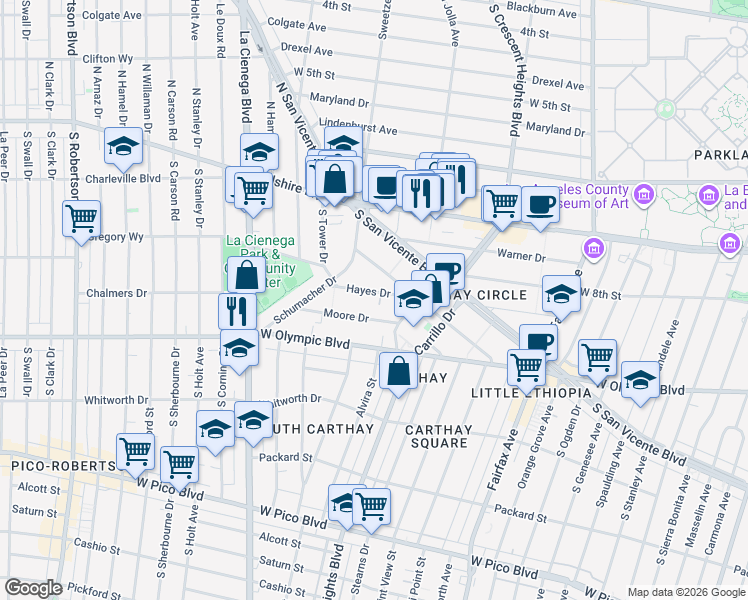 map of restaurants, bars, coffee shops, grocery stores, and more near 6439 Moore Drive in West Hollywood