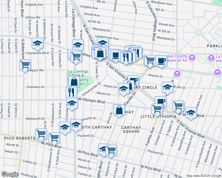 map of restaurants, bars, coffee shops, grocery stores, and more near 6439 Moore Drive in West Hollywood