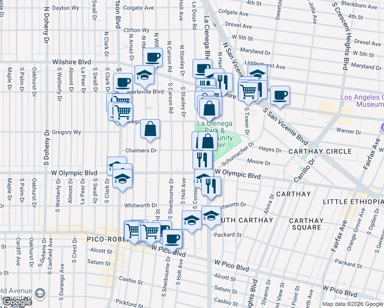 map of restaurants, bars, coffee shops, grocery stores, and more near 333 South La Cienega Boulevard in Beverly Hills