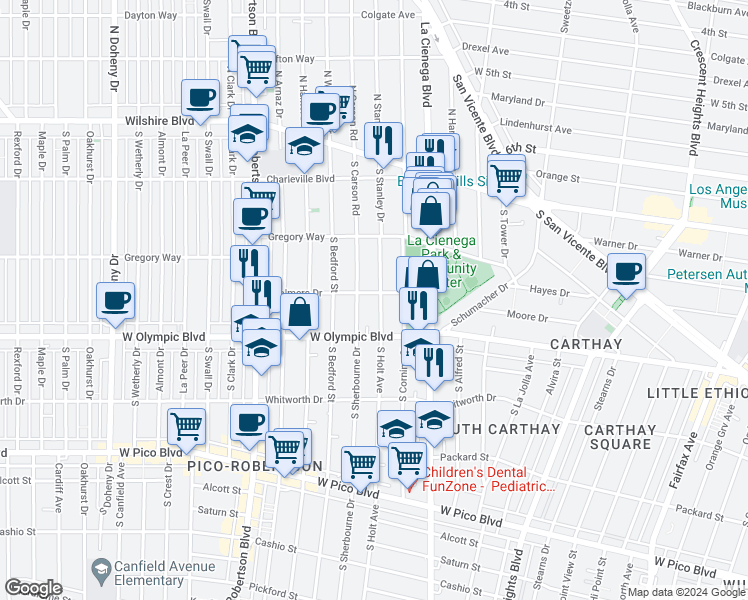 map of restaurants, bars, coffee shops, grocery stores, and more near 911 South Holt Avenue in Los Angeles