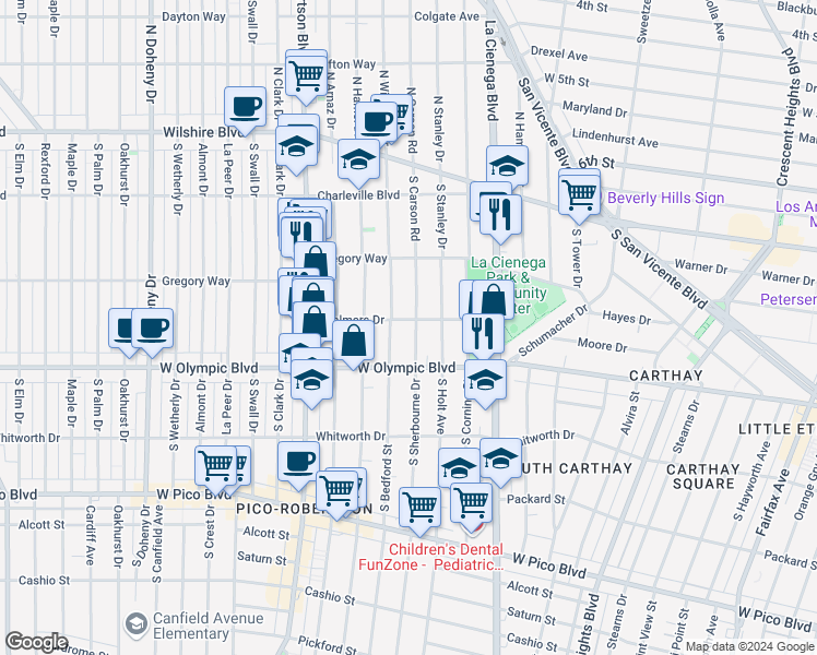 map of restaurants, bars, coffee shops, grocery stores, and more near 910 South Bedford Street in Los Angeles