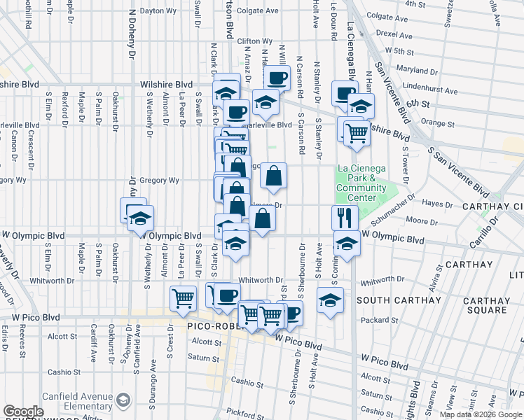 map of restaurants, bars, coffee shops, grocery stores, and more near 913 South Shenandoah Street in Los Angeles